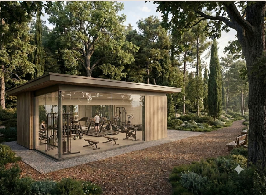 Area fitness vetrata immersa nel bosco