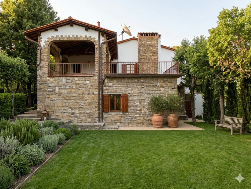 Villa Natasha in pietra con prato curato e loggia ad arco